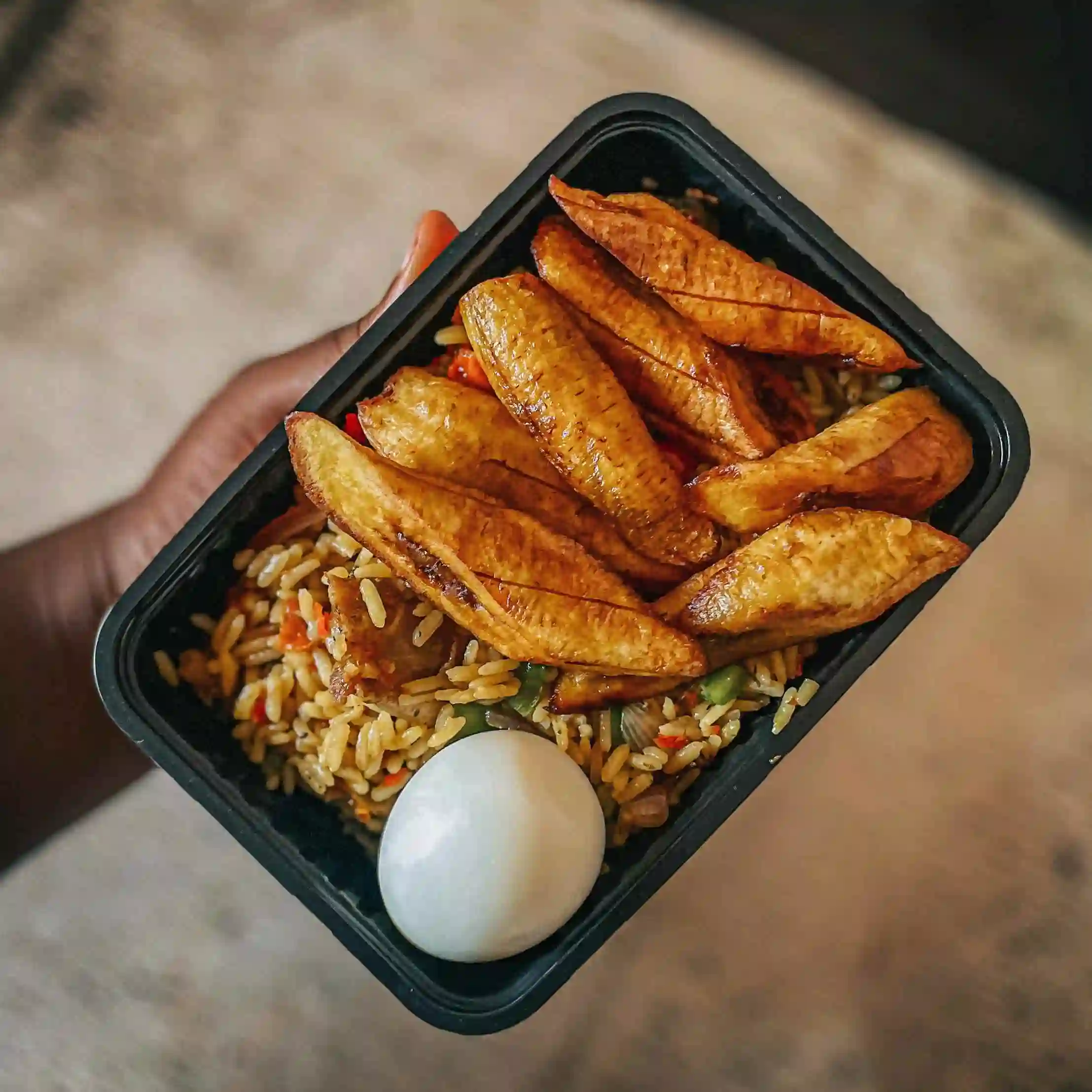 Jollof Rice, Egg & Plantain